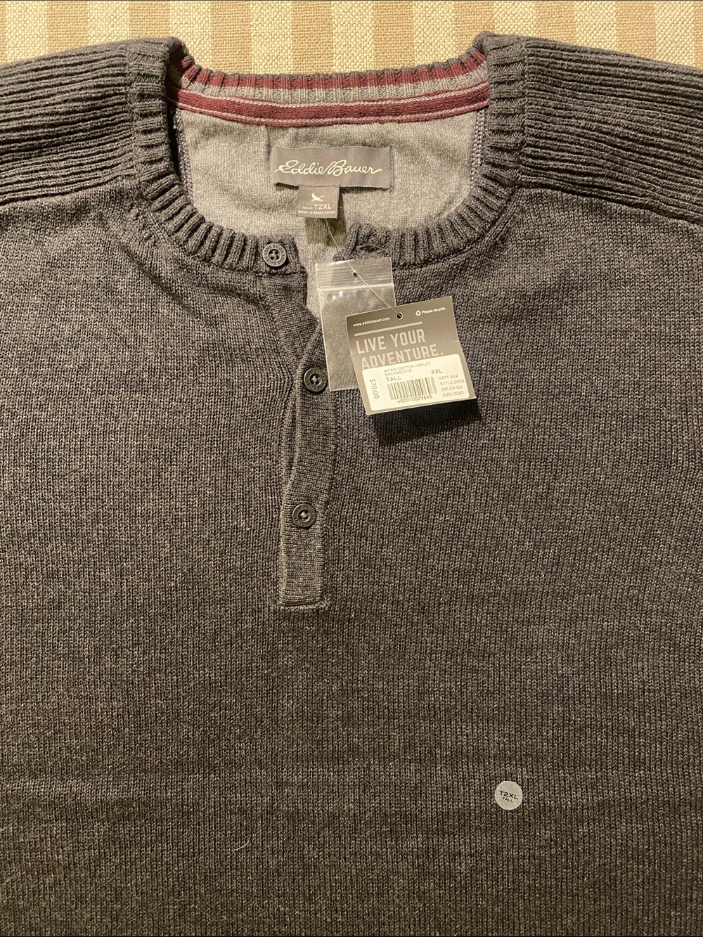 Eddie Bauer Men's Charcoal Crewneck Henley Sweater. Size T2XL